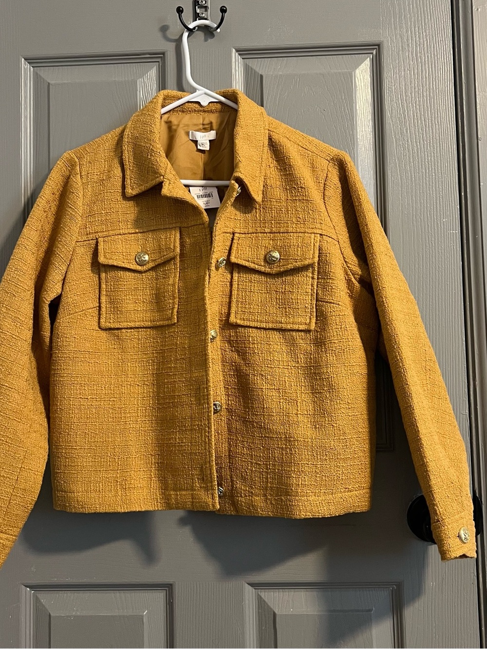 J. Jill Mustard Textured Bouclé Shirt Jacket Honey Medium Petite gold buttons - Picture 8 of 10